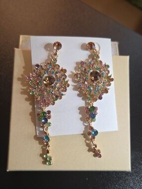 Gold Multicolor Crystal Drop Earrings - Women Jewelry